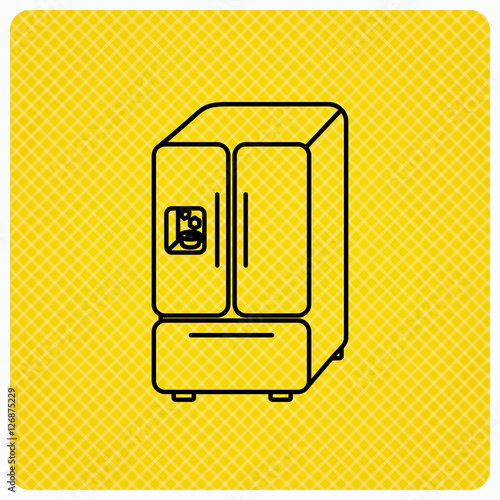 American fridge icon. Refrigerator with ice sign. Linear icon on orange background. Vector