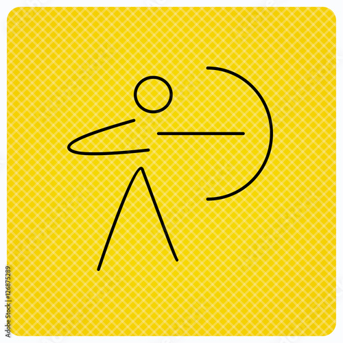 Archery sport icon. Archer with longbow sign. Aiming or targeting symbol. Linear icon on orange background. Vector