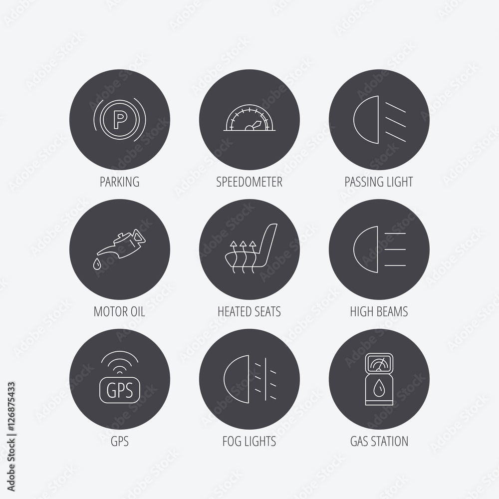 Motor oil, passing fog lights and gps icons. Speedometer, parking and