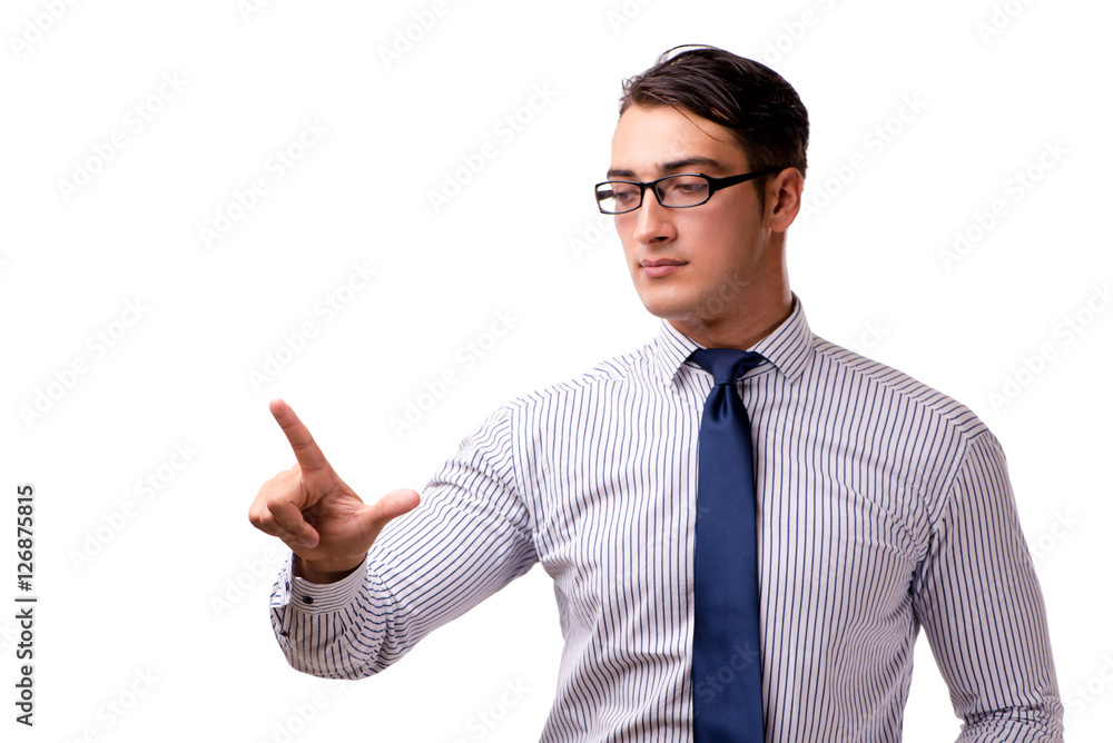 Young handsome businessman pressing buttons isolated on white Young handsome businessman pressing buttons isolated on white