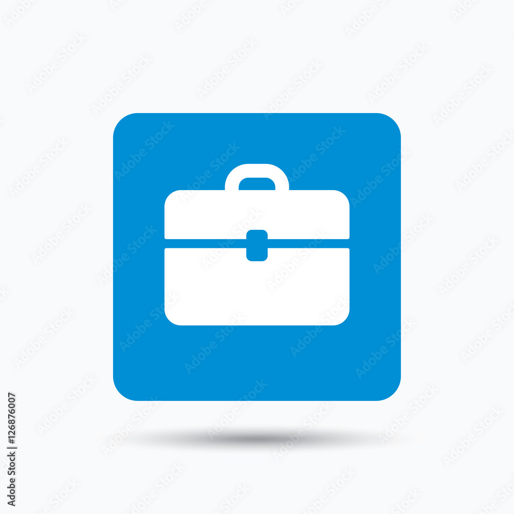 Briefcase icon. Diplomat handbag symbol. Business case sign. Blue square button with flat web icon. Vector Briefcase icon. Diplomat handbag symbol. Business case sign. Blue square button with flat web icon. Vector