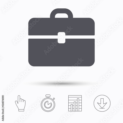 Briefcase icon. Diplomat handbag symbol. Business case sign. Stopwatch timer. Hand click, report chart and download arrow. Linear icons. Vector