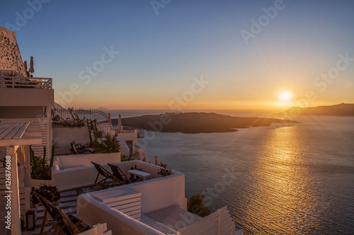 Beautiful view on the bay during sunset. Travel concept. Romantic Santorini island during sunset, Greece, Europe.