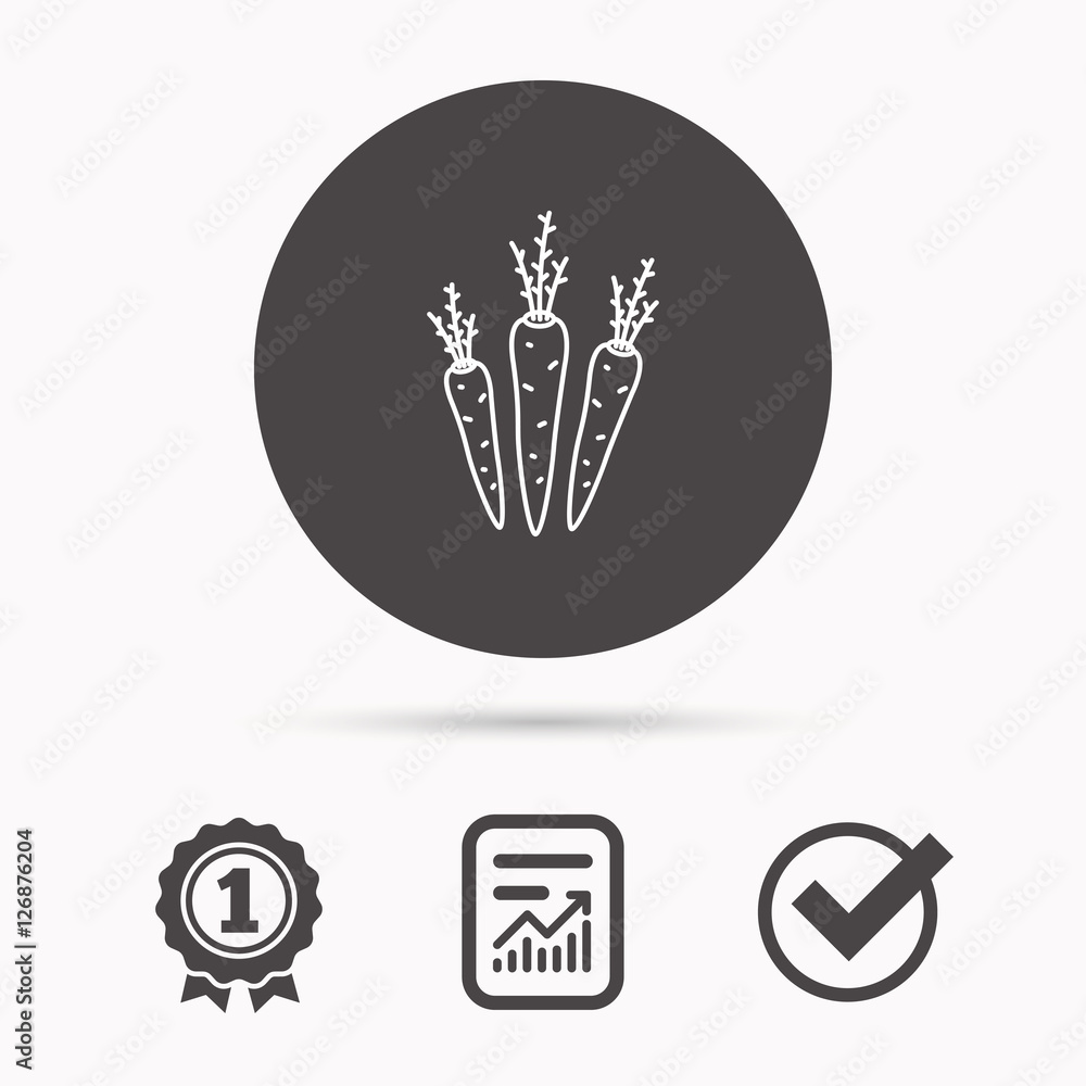 Carrots icon. Vegetarian food sign. Natural vegetables symbol. Report document, winner award and tick. Round circle button with icon. Vector