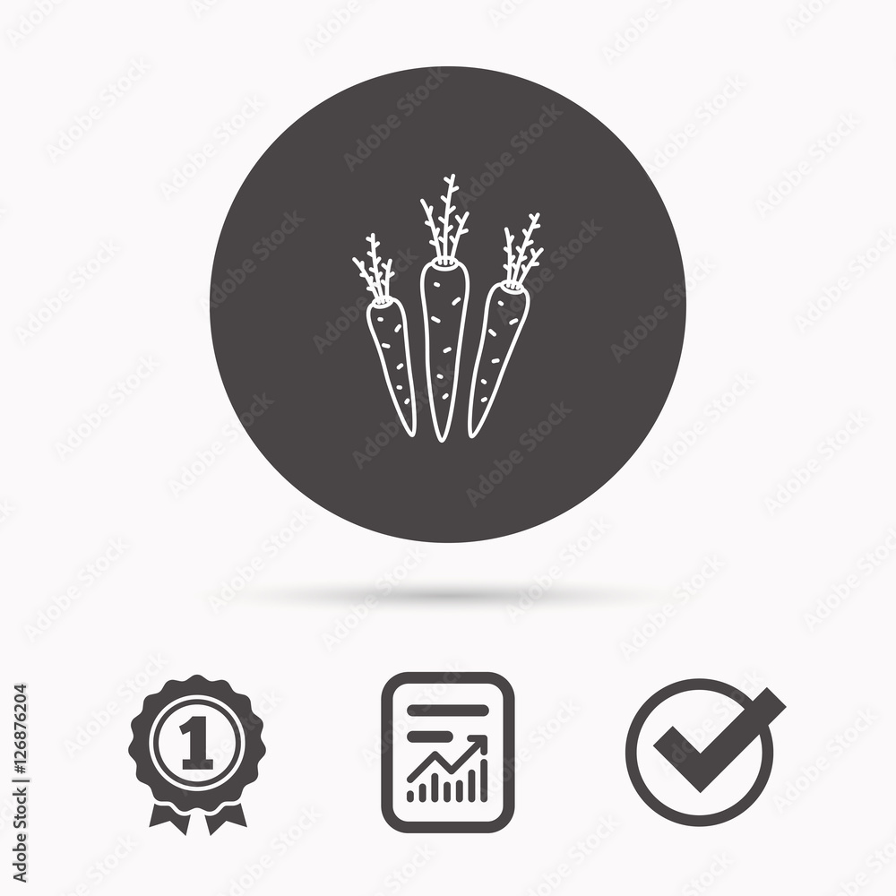 Carrots icon. Vegetarian food sign. Natural vegetables symbol. Report document, winner award and tick. Round circle button with icon. Vector Carrots icon. Vegetarian food sign. Natural vegetables symbol. Report document, winner award and tick. Round circle button with icon. Vector