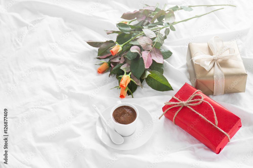 Romantic breakfast with coffee, chocolate pralines, gift box and Romantic breakfast with coffee, chocolate pralines, gift box and