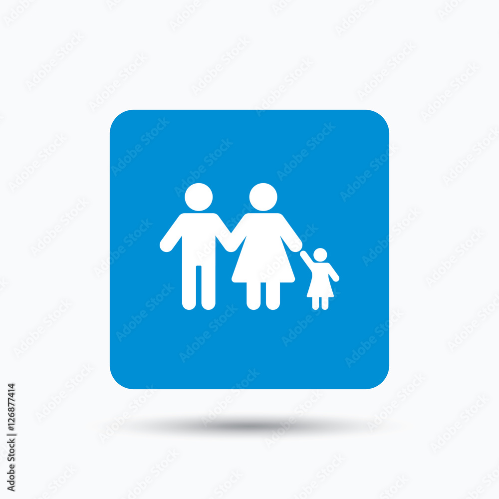 Family icon. Father, mother and child symbol. Blue square button with flat web icon. Vector Family icon. Father, mother and child symbol. Blue square button with flat web icon. Vector