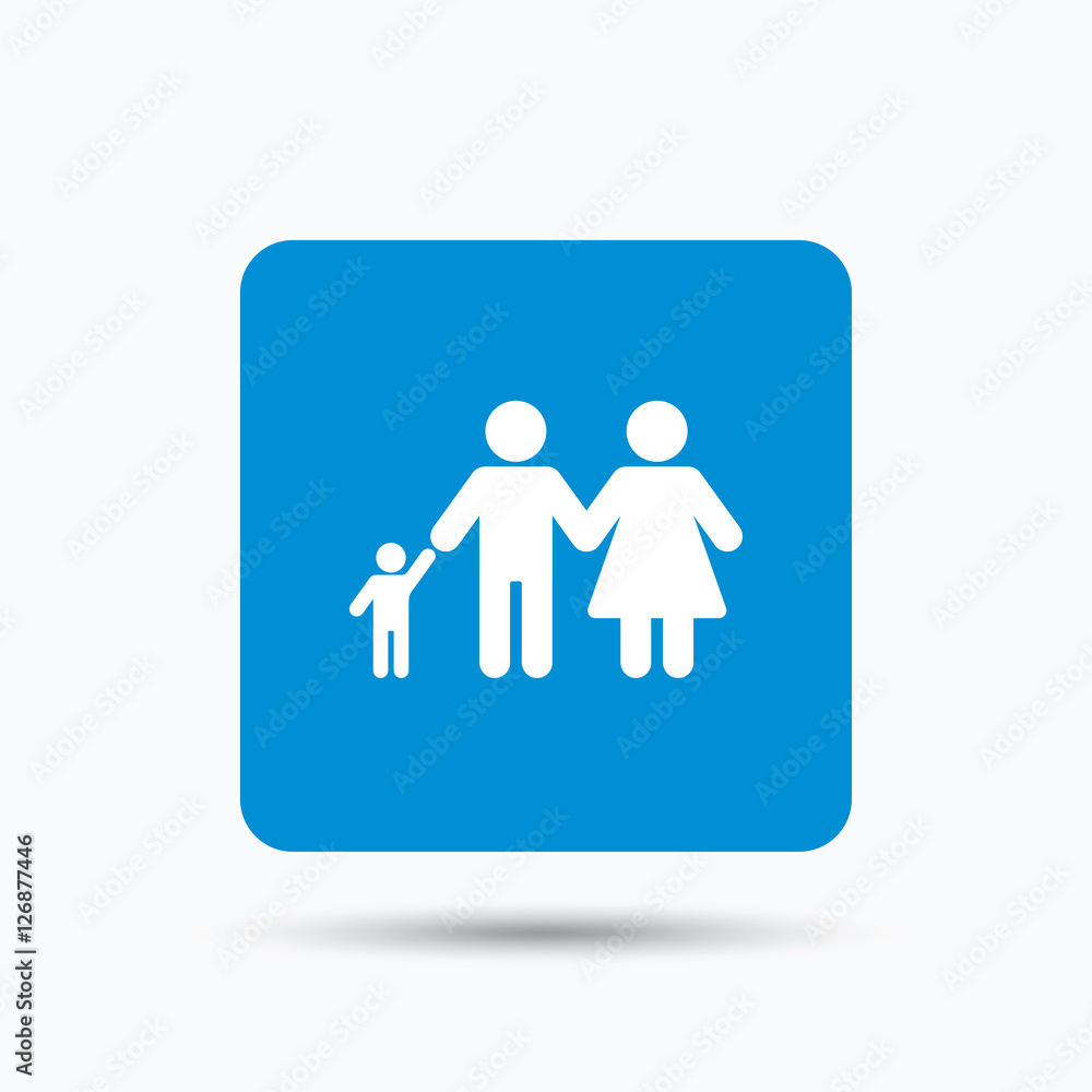 Family icon. Father, mother and child symbol. Blue square button with flat web icon. Vector Family icon. Father, mother and child symbol. Blue square button with flat web icon. Vector