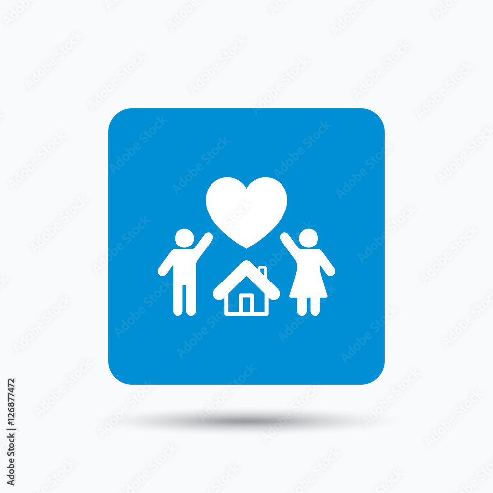 Family icon. Father, mother and child symbol. Blue square button with flat web icon. Vector Family icon. Father, mother and child symbol. Blue square button with flat web icon. Vector