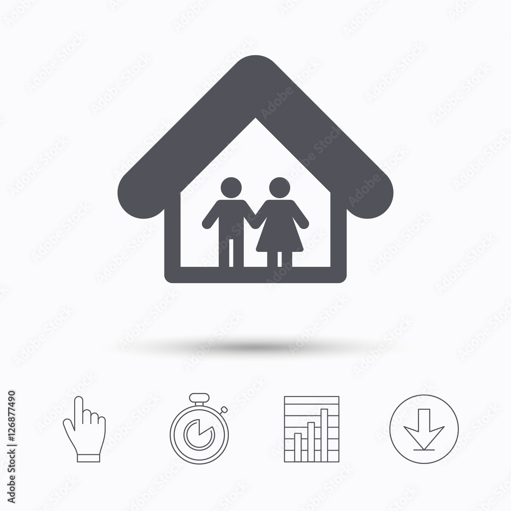 Family icon. Father and mother in home symbol. Stopwatch timer. Hand click, report chart and download arrow. Linear icons. Vector Family icon. Father and mother in home symbol. Stopwatch timer. Hand click, report chart and download arrow. Linear icons. Vector