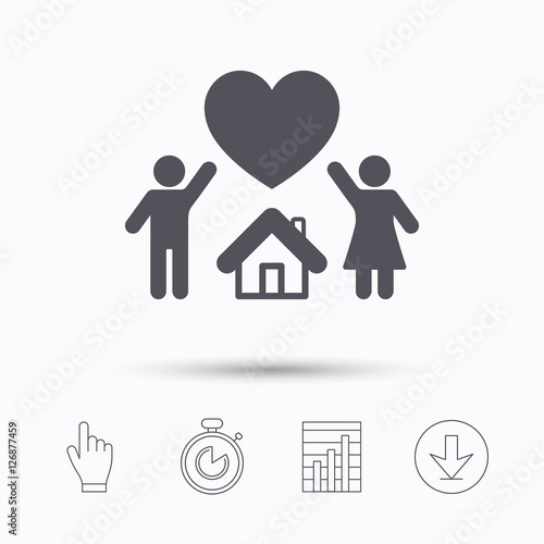 Family icon. Father, mother and child symbol. Stopwatch timer. Hand click, report chart and download arrow. Linear icons. Vector