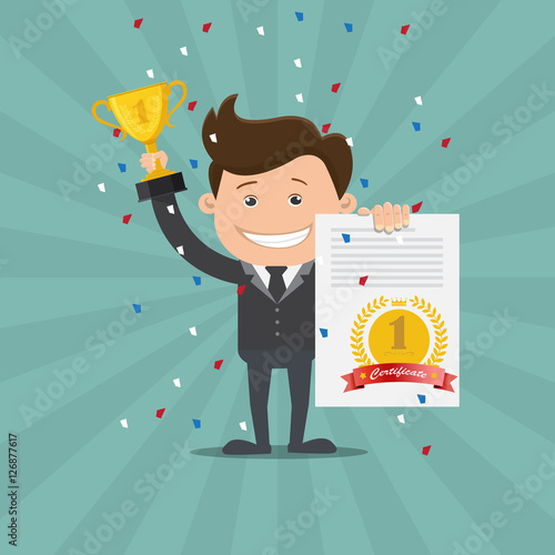 Business man holding up winning trophy and showing an award certificate - Vector illustration