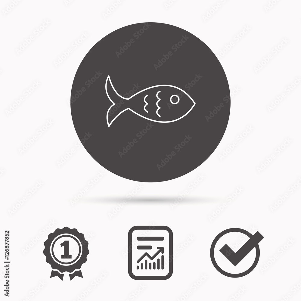Fish icon. Seafood sign. Vegetarian food symbol. Report document, winner award and tick. Round circle button with icon. Vector Fish icon. Seafood sign. Vegetarian food symbol. Report document, winner award and tick. Round circle button with icon. Vector