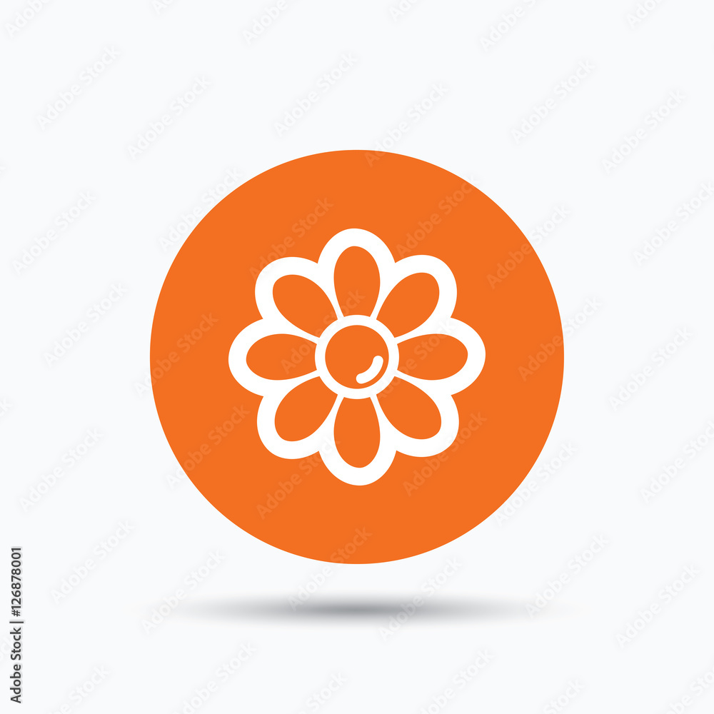 Flower icon. Florist plant with petals symbol. Orange circle button with flat web icon. Vector Flower icon. Florist plant with petals symbol. Orange circle button with flat web icon. Vector