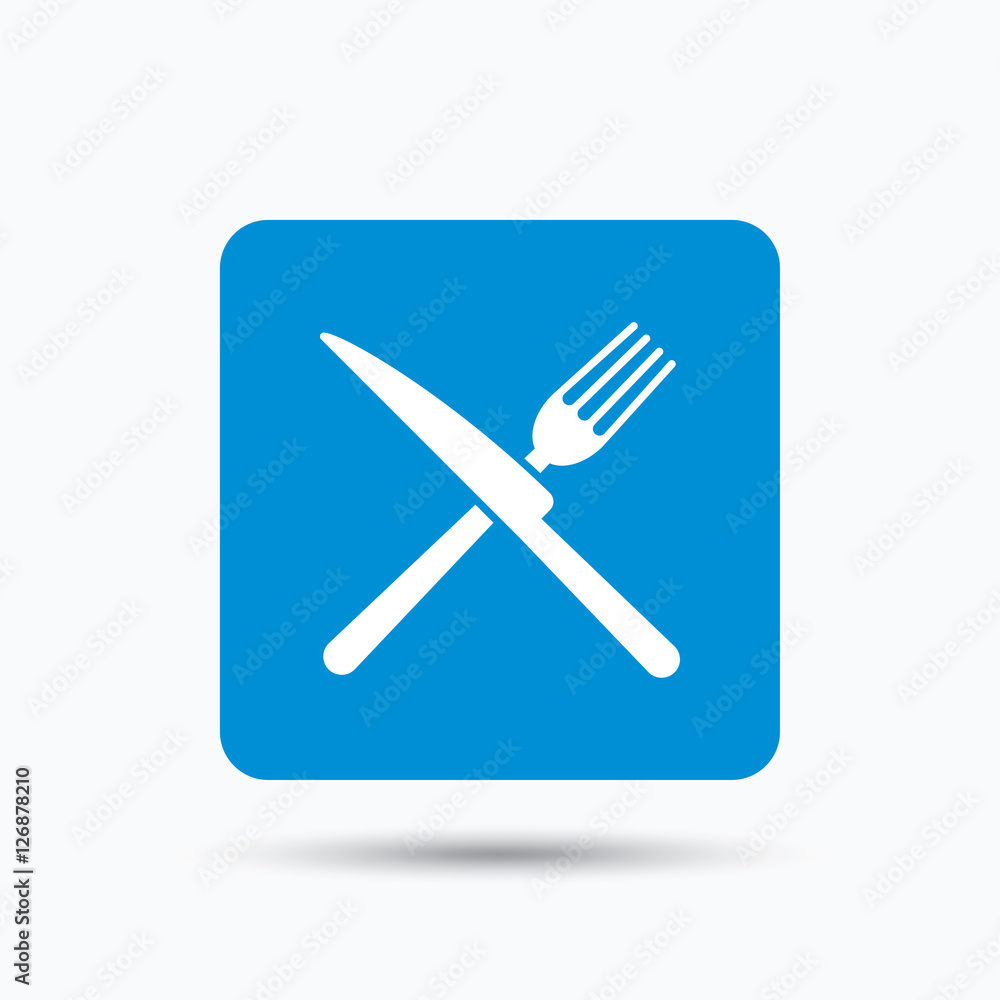 Fork and knife icons. Cutlery symbol. Blue square button with flat web icon. Vector Fork and knife icons. Cutlery symbol. Blue square button with flat web icon. Vector