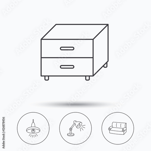 Sofa, table lamp and nightstand icons. Ceiling lamp linear sign. Linear icons in circle buttons. Flat web symbols. Vector
