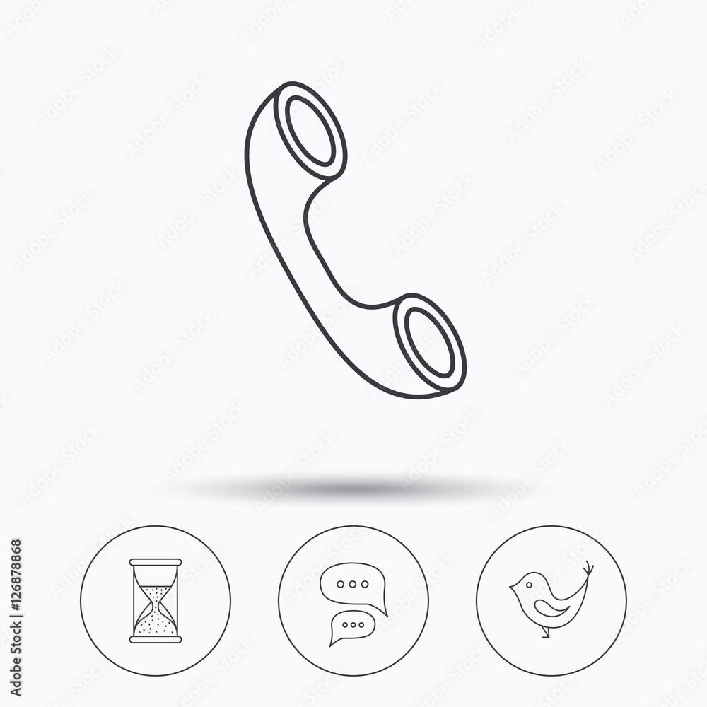 Chat, bird and phone call icons. Hourglass linear sign. Linear icons in circle buttons. Flat web symbols. Vector Chat, bird and phone call icons. Hourglass linear sign. Linear icons in circle buttons. Flat web symbols. Vector