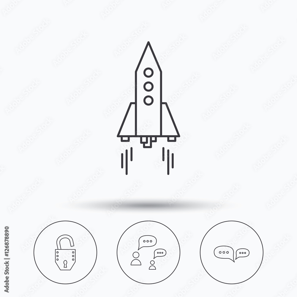 Rocket, chat speech bubble and open lock icons. Linear icons in circle buttons. Flat web symbols. Vector Rocket, chat speech bubble and open lock icons. Linear icons in circle buttons. Flat web symbols. Vector