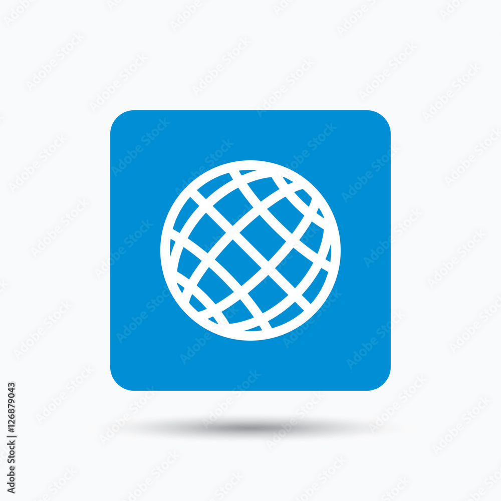 Globe icon. World or internet symbol. Blue square button with flat web icon. Vector Globe icon. World or internet symbol. Blue square button with flat web icon. Vector