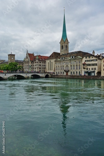 A landscape view of Zurich on the Limmat River and the Lake Zurich © eqroy