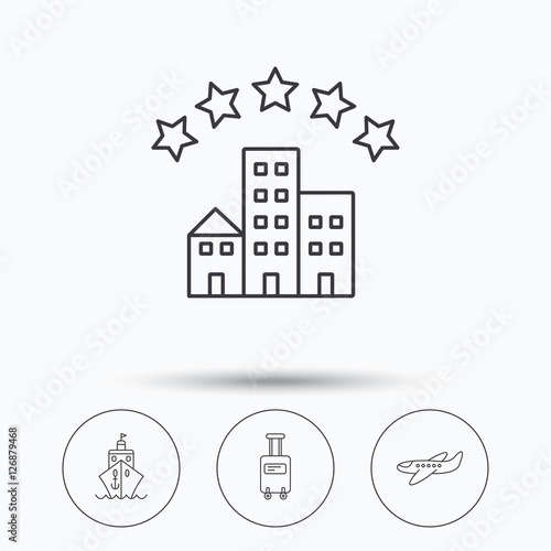 Hotel, cruise ship and airplane icons. Baggage linear sign. Linear icons in circle buttons. Flat web symbols. Vector