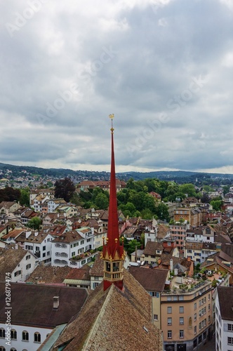 A landscape view of Zurich on the Limmat River and the Lake Zurich