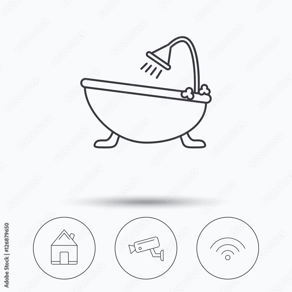Wifi, video camera and real estate icons. Bath linear sign. Linear icons in circle buttons. Flat web symbols. Vector Wifi, video camera and real estate icons. Bath linear sign. Linear icons in circle buttons. Flat web symbols. Vector