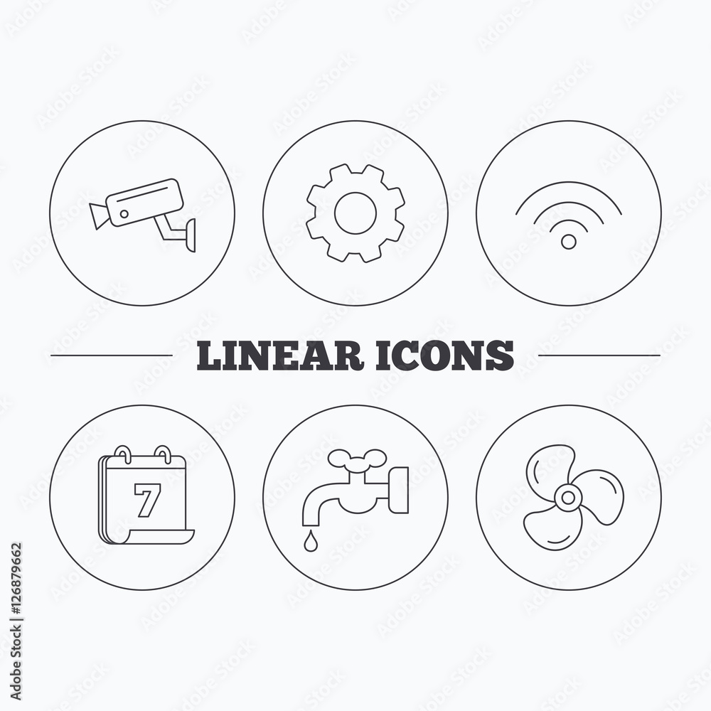Wifi, video camera and ventilation icons. Water supply linear sign. Flat cogwheel and calendar symbols. Linear icons in circle buttons. Vector