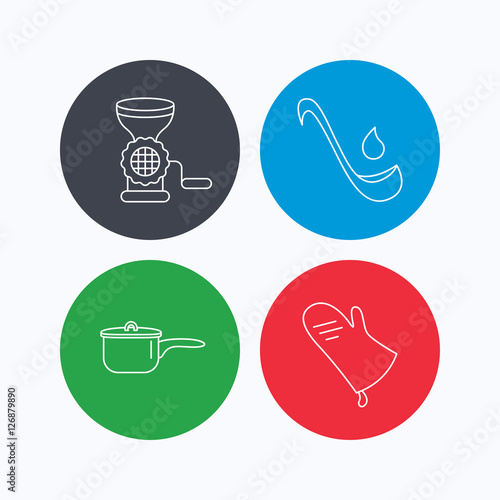Soup ladle, potholder and kitchen utensils icons. Meat grinder and saucepan linear signs. Linear icons on colored buttons. Flat web symbols. Vector
