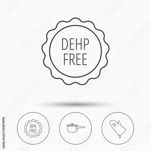 Saucepan, potholder and BPA free icons. DEHP free linear sign. Linear icons in circle buttons. Flat web symbols. Vector