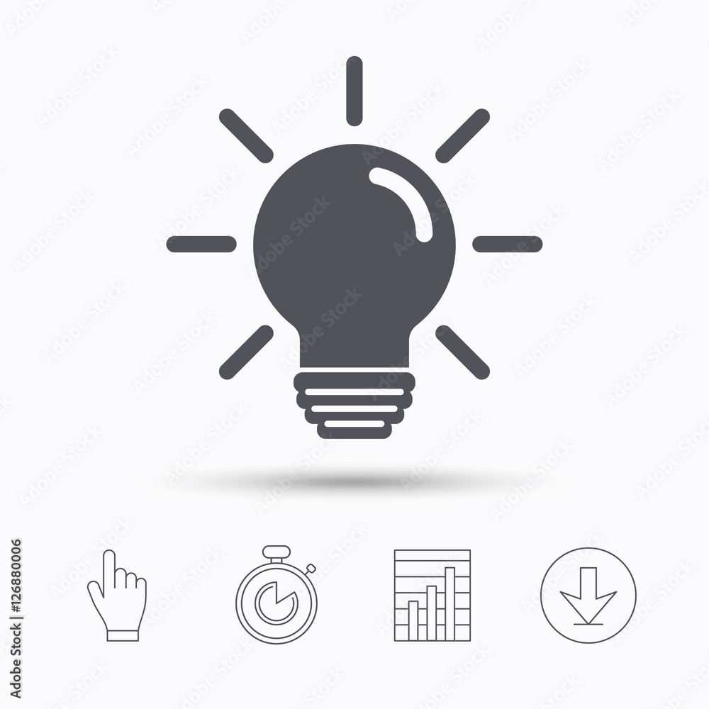 Light bulb icon. Lamp sign. Illumination technology symbol. Stopwatch timer. Hand click, report chart and download arrow. Linear icons. Vector Light bulb icon. Lamp sign. Illumination technology symbol. Stopwatch timer. Hand click, report chart and download arrow. Linear icons. Vector