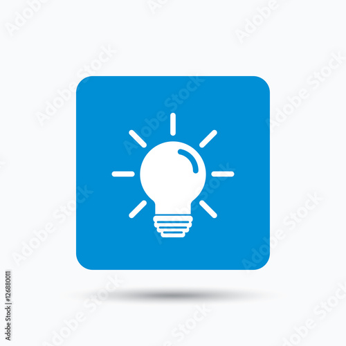 Light bulb icon. Lamp sign. Illumination technology symbol. Blue square button with flat web icon. Vector