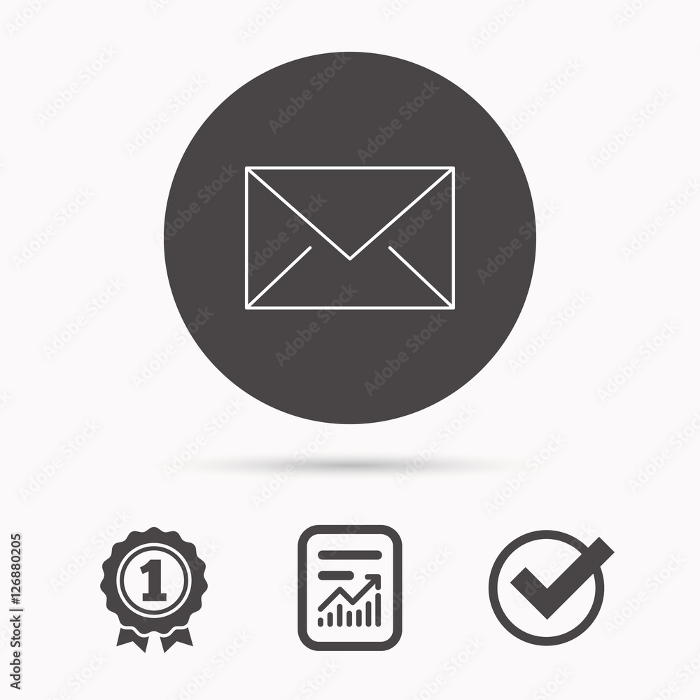 Envelope mail icon. Email message sign. Internet letter symbol. Report document, winner award and tick. Round circle button with icon. Vector Envelope mail icon. Email message sign. Internet letter symbol. Report document, winner award and tick. Round circle button with icon. Vector