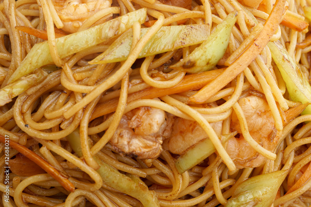 Chinese food. Spaghetti with shrimps Chinese food. Spaghetti with shrimps