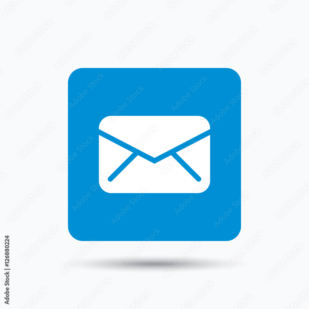 Envelope icon. Send email message sign. Internet mailing symbol. Blue square button with flat web icon. Vector Envelope icon. Send email message sign. Internet mailing symbol. Blue square button with flat web icon. Vector