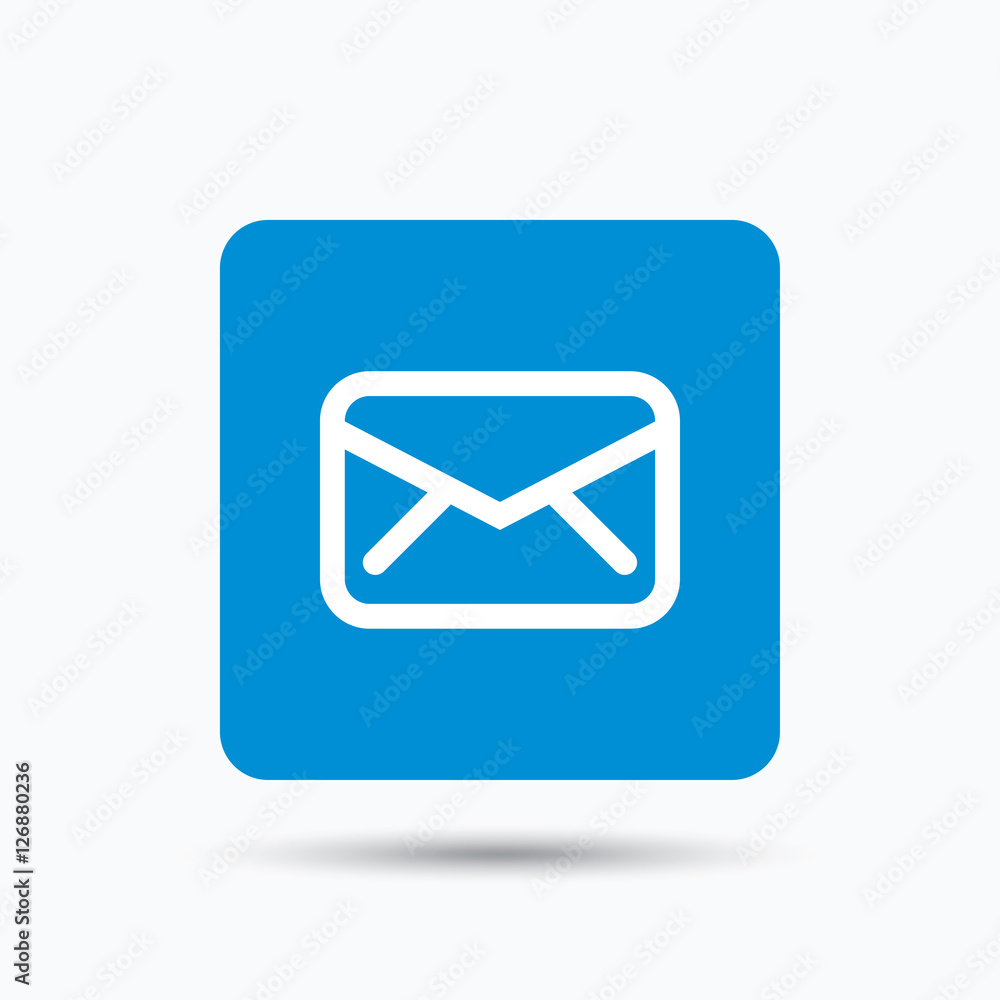 Envelope icon. Send email message sign. Internet mailing symbol. Blue square button with flat web icon. Vector Envelope icon. Send email message sign. Internet mailing symbol. Blue square button with flat web icon. Vector
