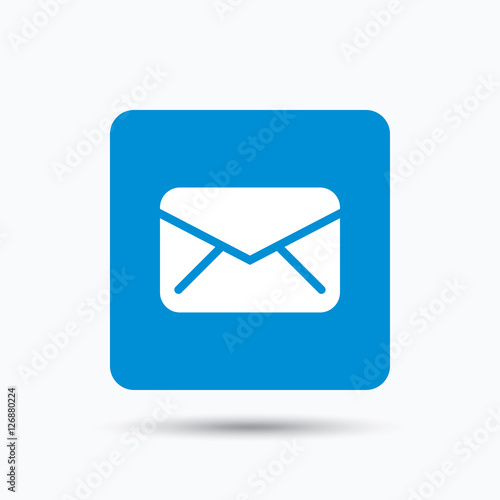 Envelope icon. Send email message sign. Internet mailing symbol. Blue square button with flat web icon. Vector
