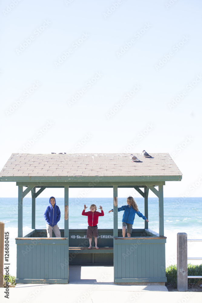 Three young kids standing in the lookout gazebo overlooking the La Jolla cove, a popular San Diego, California destination. Three young kids standing in the lookout gazebo overlooking the La Jolla cove, a popular San Diego, California destination.