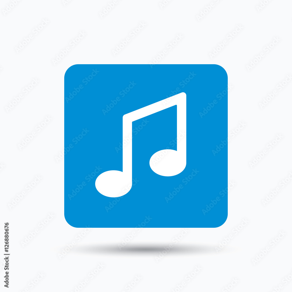 Music icon. Musical note sign. Melody symbol. Blue square button with flat web icon. Vector Music icon. Musical note sign. Melody symbol. Blue square button with flat web icon. Vector
