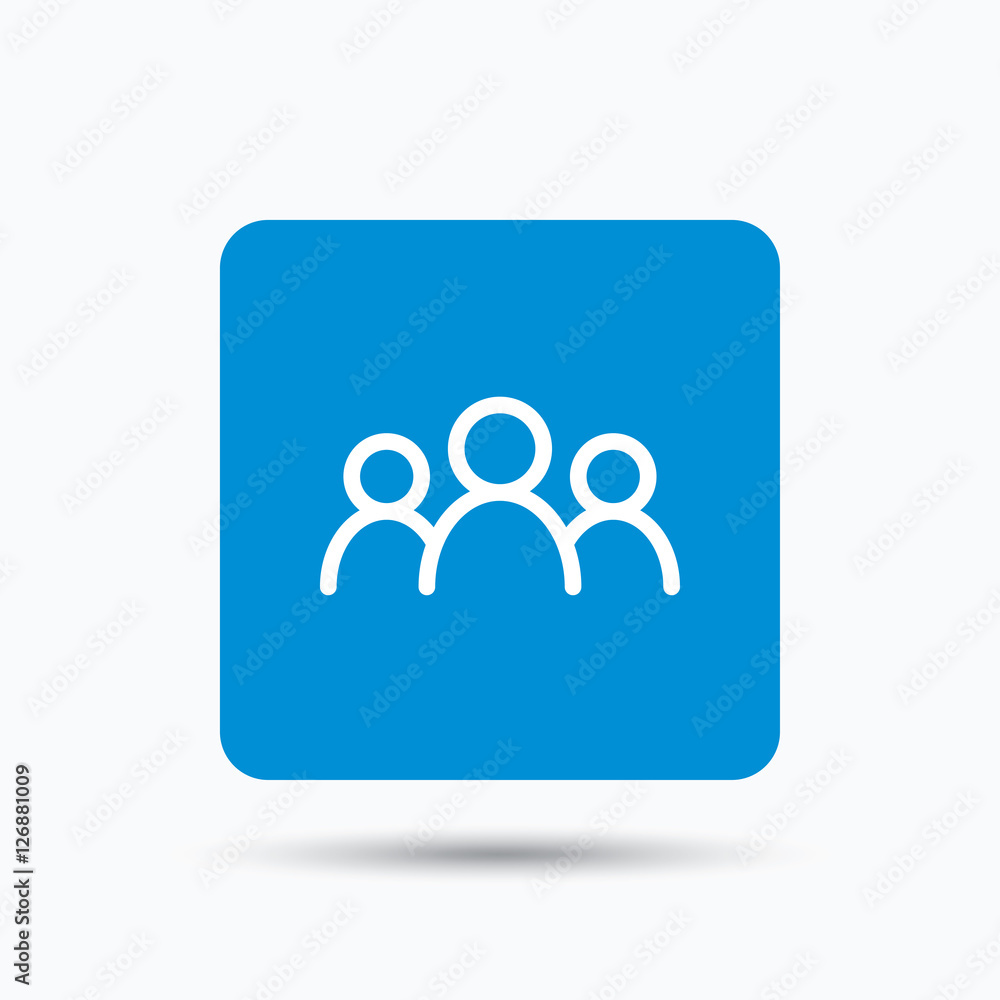 People icon. Group of humans sign. Team work symbol. Blue square button with flat web icon. Vector People icon. Group of humans sign. Team work symbol. Blue square button with flat web icon. Vector