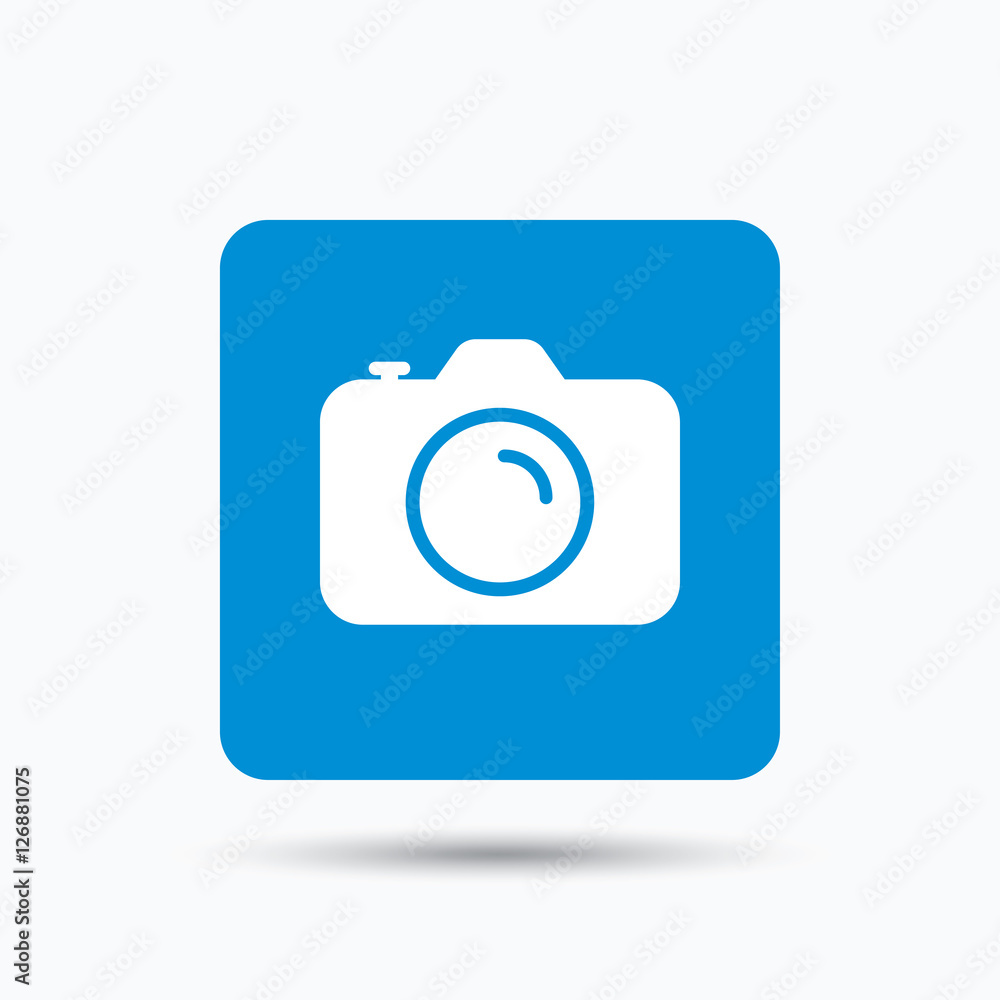 Camera icon. Professional photocamera symbol. Blue square button with flat web icon. Vector Camera icon. Professional photocamera symbol. Blue square button with flat web icon. Vector
