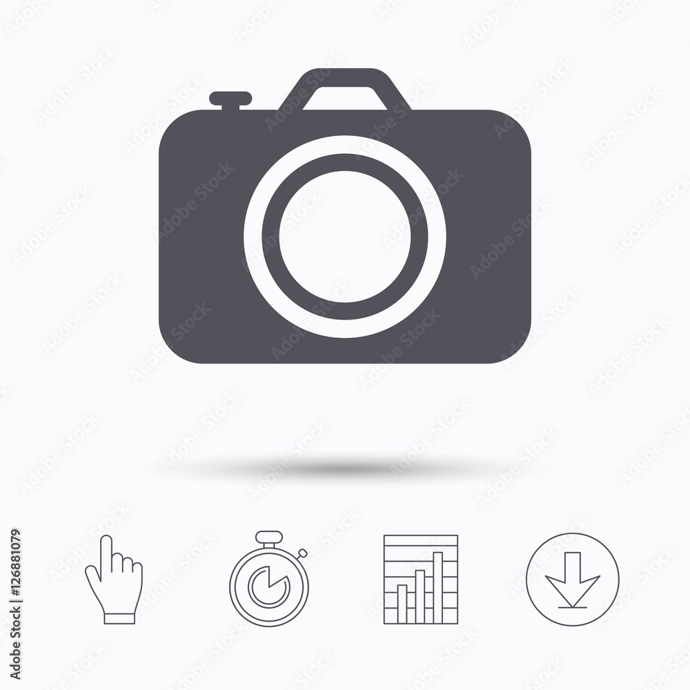 Camera icon. Professional photocamera symbol. Stopwatch timer. Hand ...