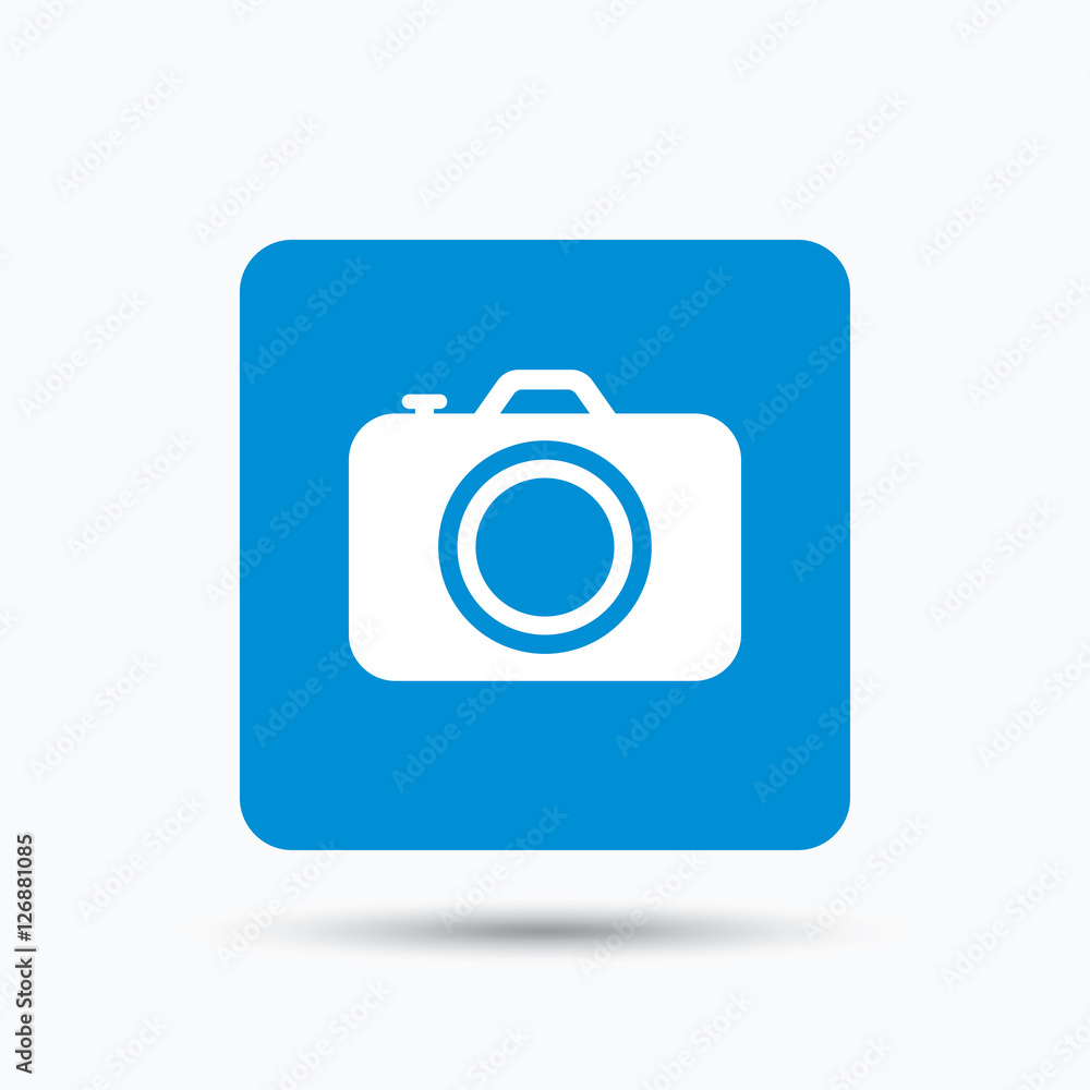 Camera icon. Professional photocamera symbol. Blue square button with flat web icon. Vector Camera icon. Professional photocamera symbol. Blue square button with flat web icon. Vector