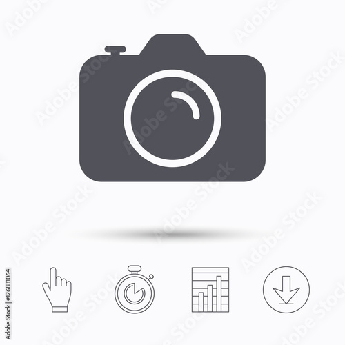 Camera icon. Professional photocamera symbol. Stopwatch timer. Hand click, report chart and download arrow. Linear icons. Vector