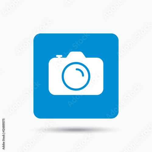 Camera icon. Professional photocamera symbol. Blue square button with flat web icon. Vector