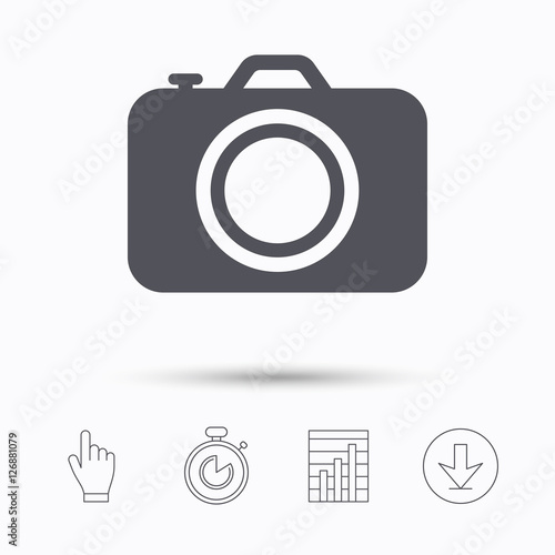 Camera icon. Professional photocamera symbol. Stopwatch timer. Hand click, report chart and download arrow. Linear icons. Vector