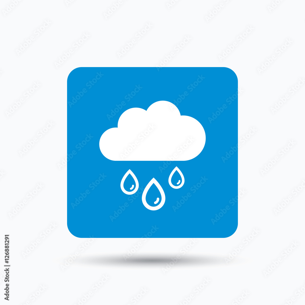 Cloud with rain drops icon. Rainy day symbol. Blue square button with flat web icon. Vector Cloud with rain drops icon. Rainy day symbol. Blue square button with flat web icon. Vector