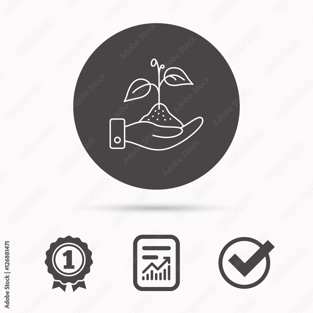 Save nature icon. Hand with plant sprout sign. Ecology environment symbol. Report document, winner award and tick. Round circle button with icon. Vector Save nature icon. Hand with plant sprout sign. Ecology environment symbol. Report document, winner award and tick. Round circle button with icon. Vector