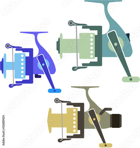 Three types of spinning reels vector illustration