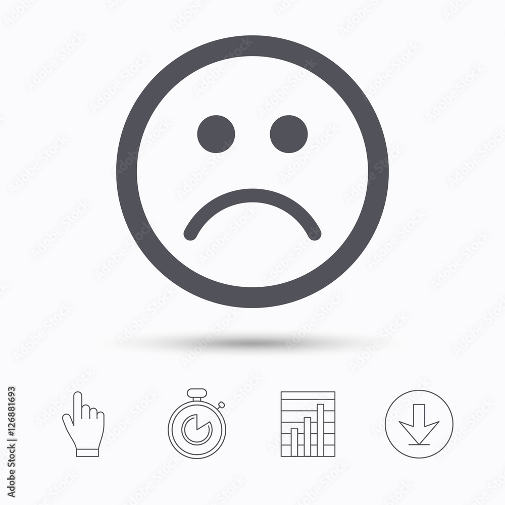 Sad smiley icon. Bad feedback symbol. Stopwatch timer. Hand click, report chart and download arrow. Linear icons. Vector Sad smiley icon. Bad feedback symbol. Stopwatch timer. Hand click, report chart and download arrow. Linear icons. Vector